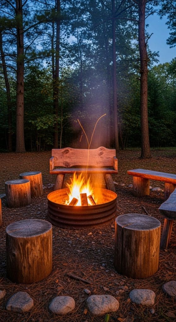 rustic country style bonfire pit with wooden stools and wooden benches
