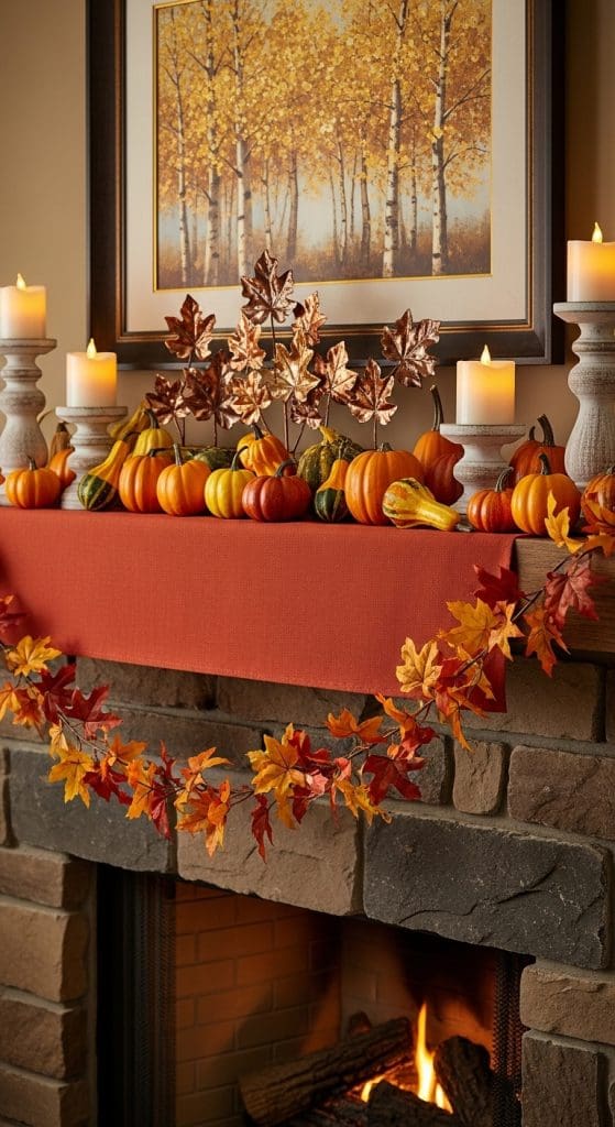 rust color runner on a mantle with fall pumpkins and candle holders