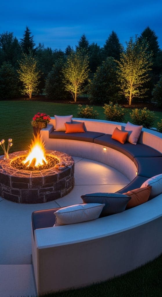 curved seating around a firepit 