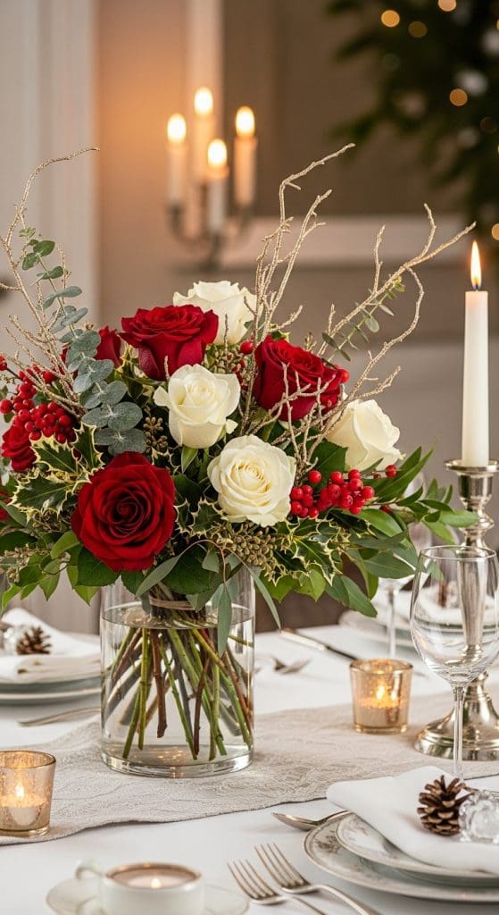 Red Roses mixed with holly, eucalyptus and white roses as a centrepiece on a dining table