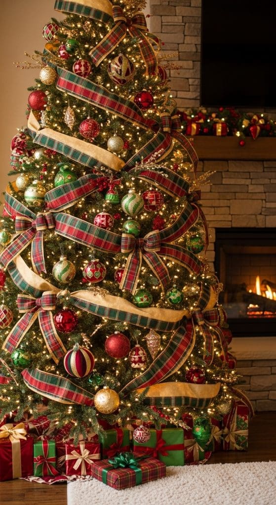 Classic Christmas Tree with plaid ribbon deocr
