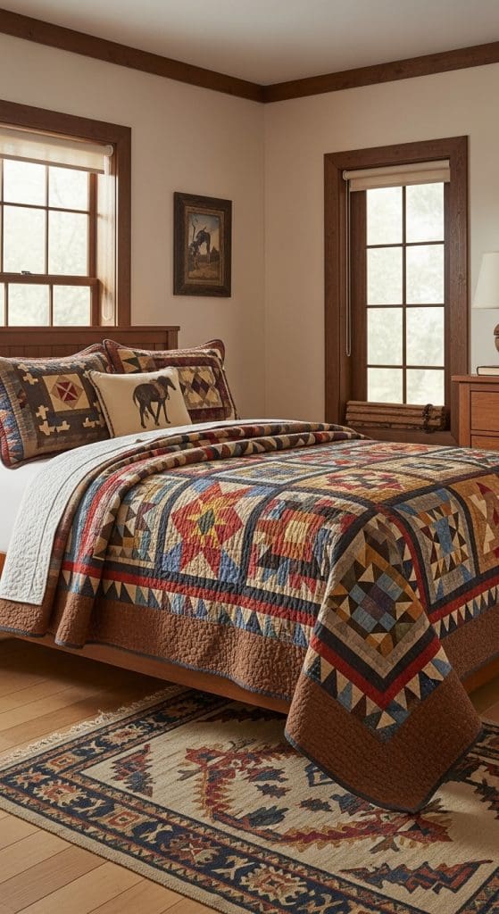 quilted colourful native style quilt on bed