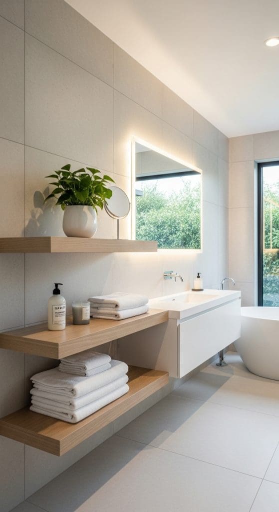 Floating shelves with bathroom towels, plants and soap in a home spa bathroom 