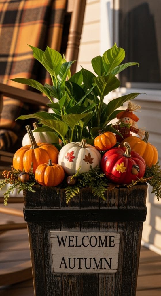 mini pumpkins mixed in at the base of a fall planter on front porch 