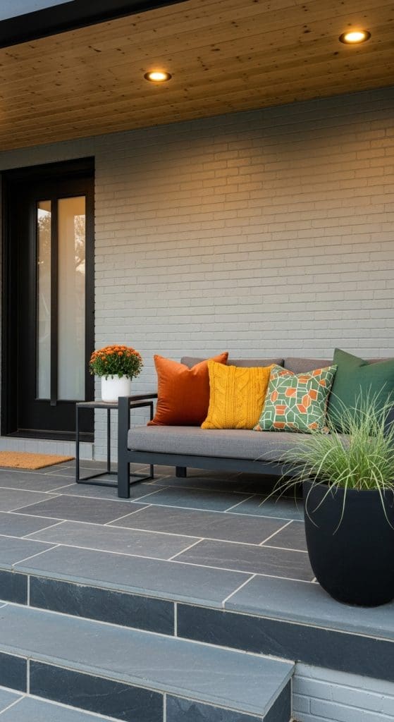 fall colored pillows on a seat on the front porch