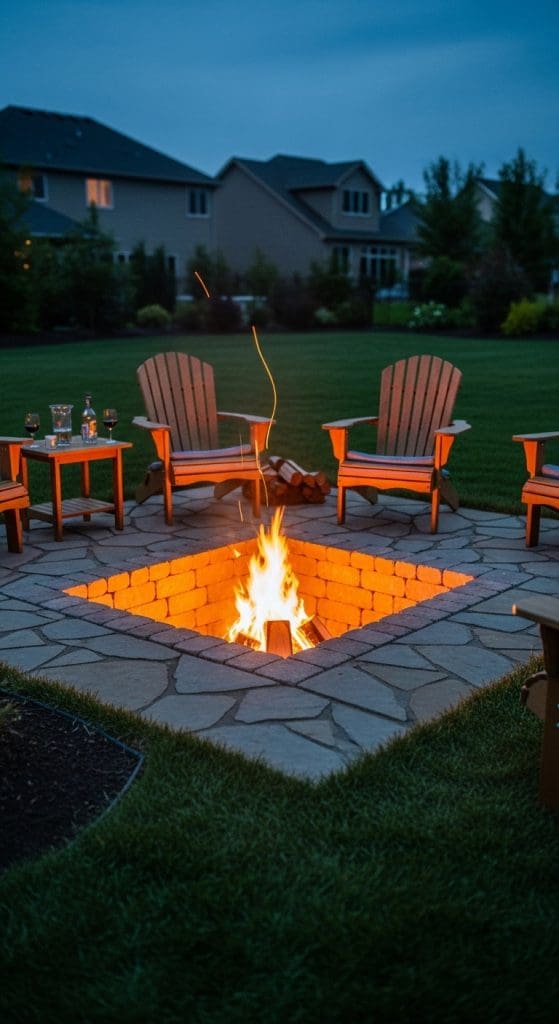 brick sunken firepit with deck chairs and side table in yard