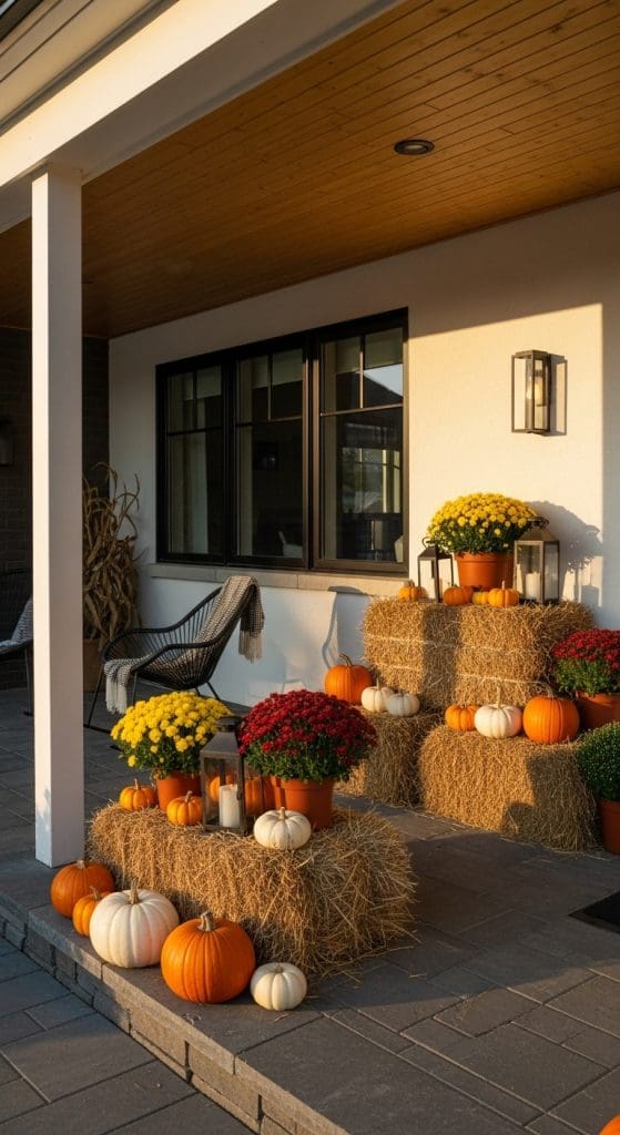 small haybales stacked on a front porch step with small pumpkins and potted plants