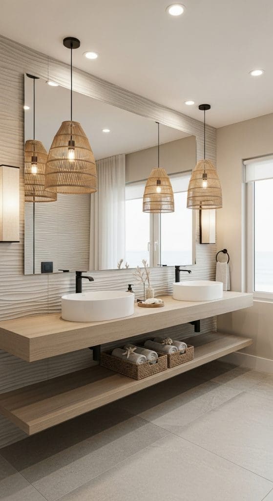 rattan lights in a coastal style bathroom