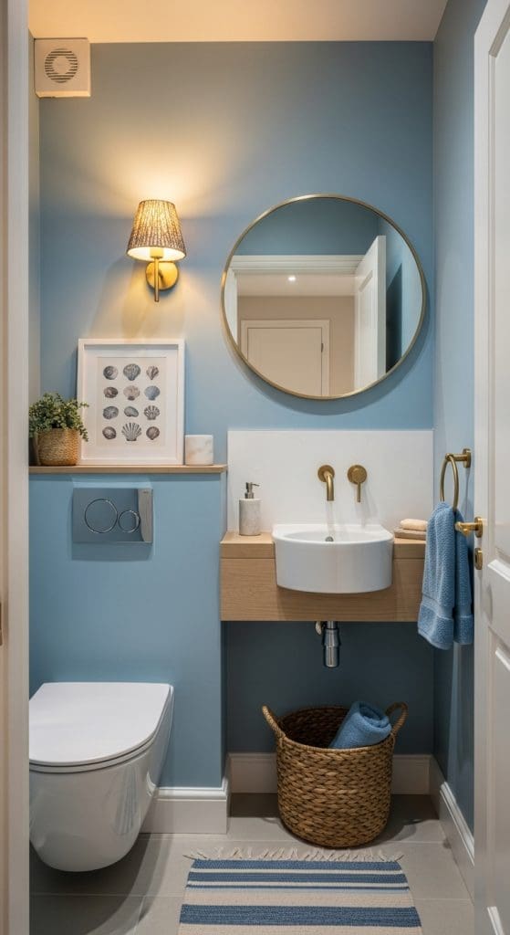 soft lighting in a small bathroom and shell prints