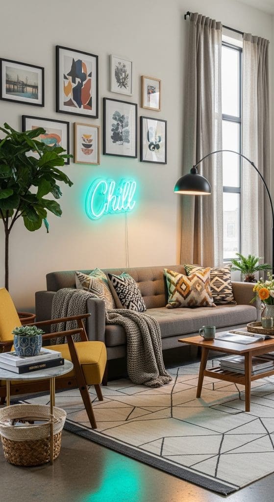 The words "Chill" sit above a sofa in a living room in neon 