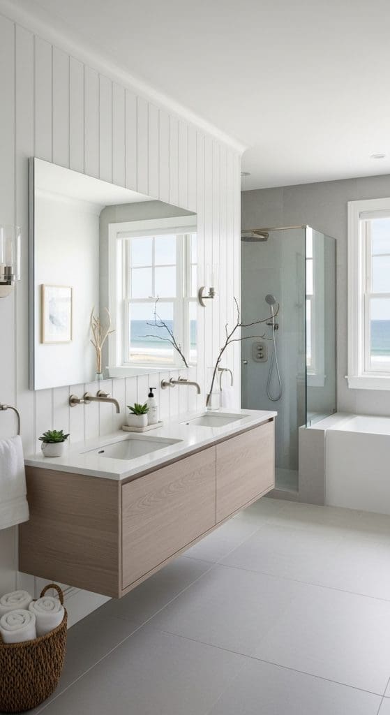 Shiplap wall in a coastal bathroom
