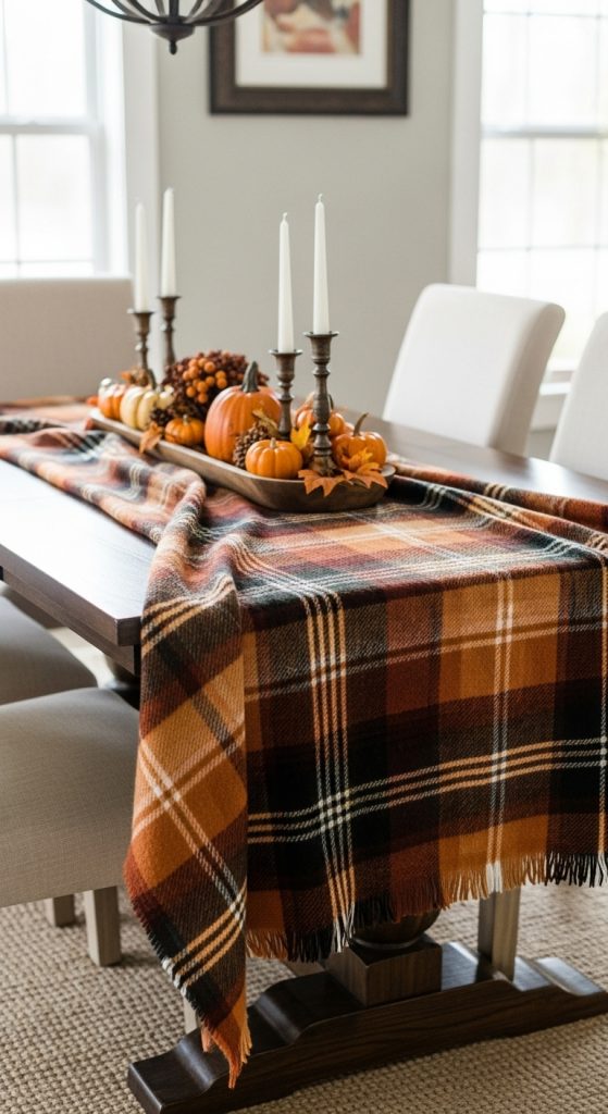 plaid blanket used as a table runner for a cozy fall table decor