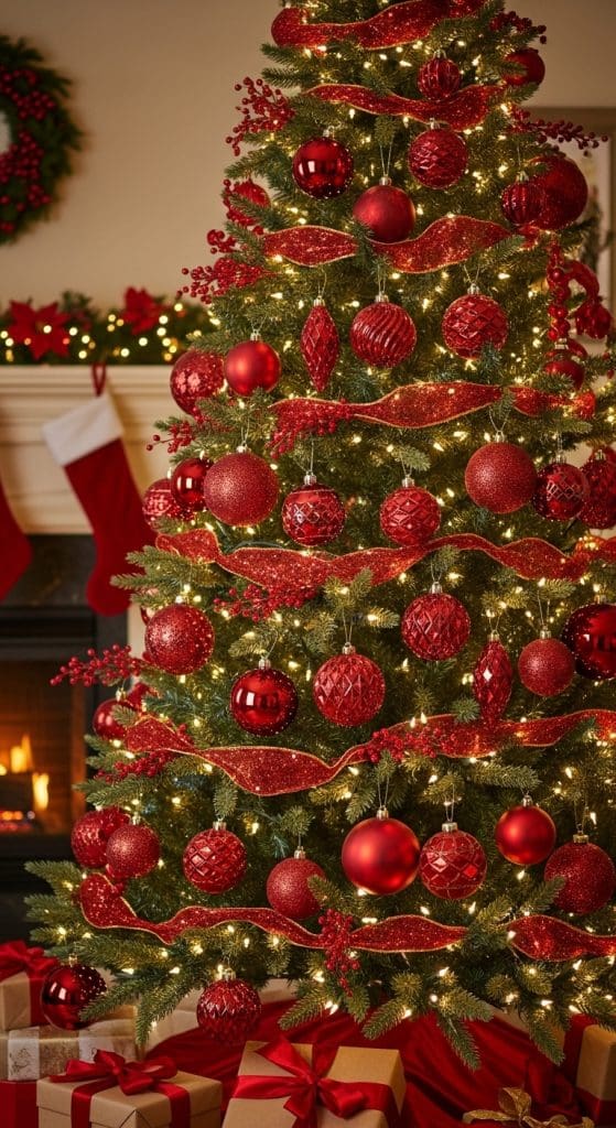 christmas tree with bold red ribbon and ornamental decor