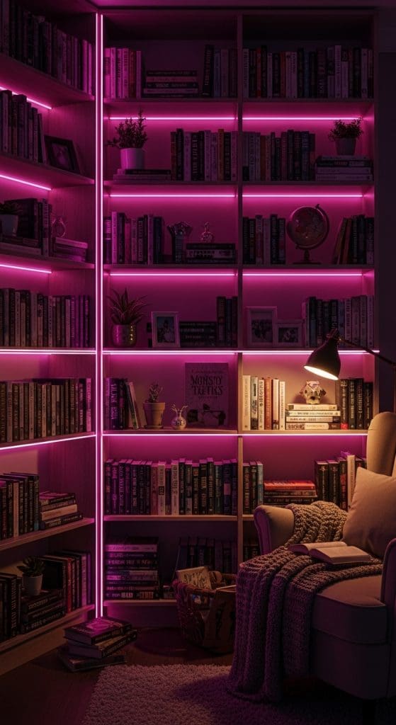 pink strip neon lights on bookshelves