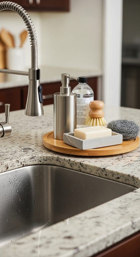 lazy susan with different kitchen accessories on kitchen sink