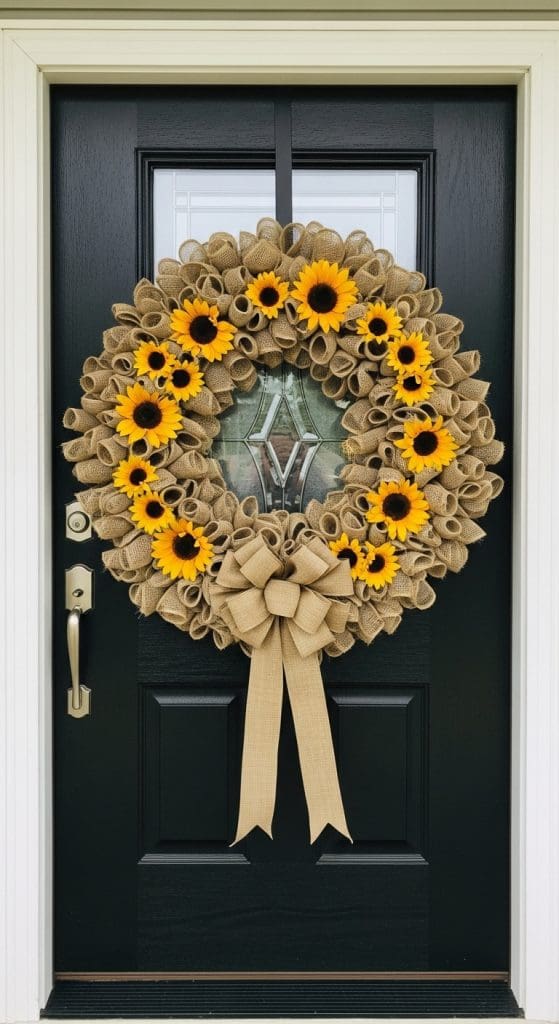 burlap loops that create a fall wreath with sunflowers attached