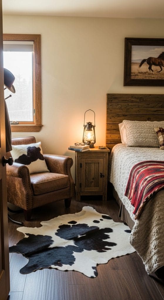 cowhide rug and brown leather chair in western bedroom