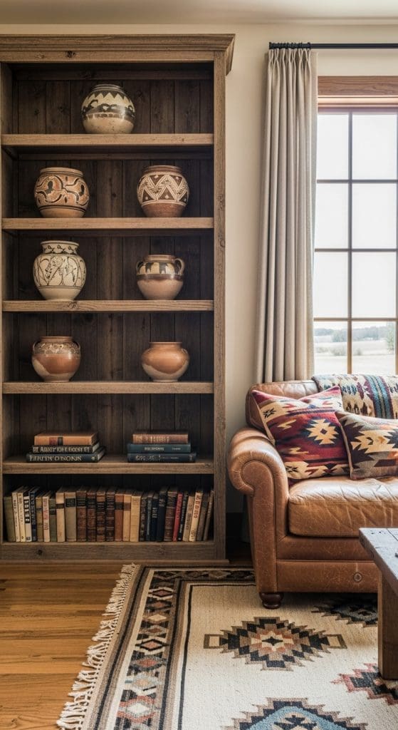 pottery and vintage books on open shelves in living room next to a window