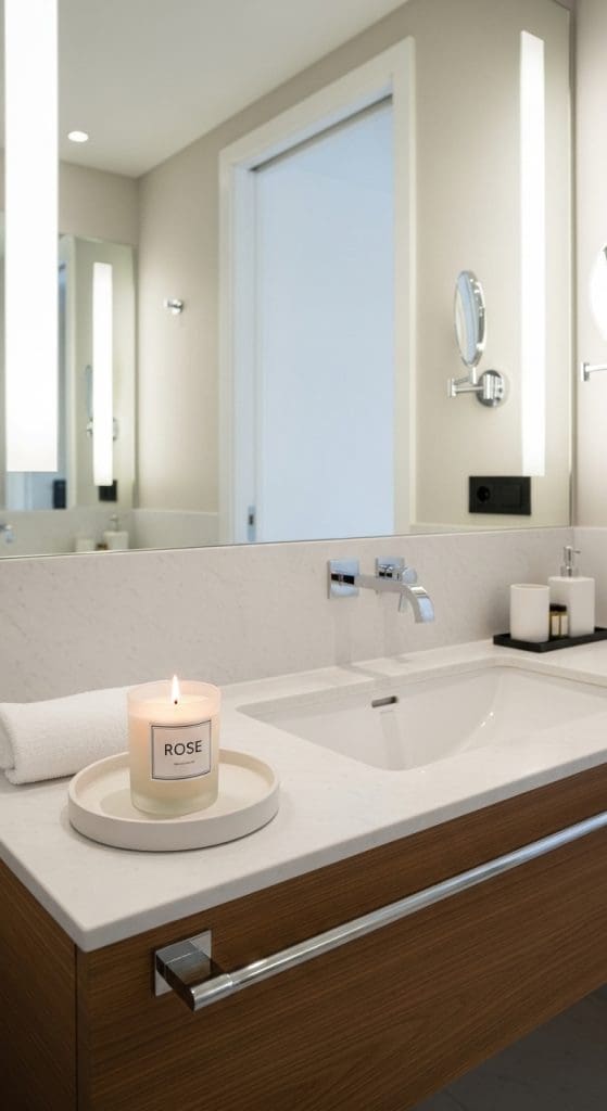 rose scented candle on the side of the sink in bathroom