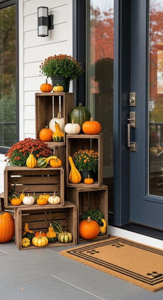 wooden crates with gourds and pumpkins stacked for fall porch decor