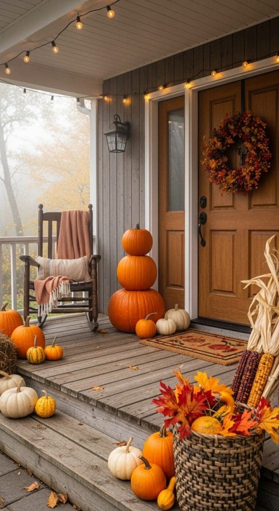 stacked pumpkins on a rustic front porch as part of Fall Front Porch Fall Decor