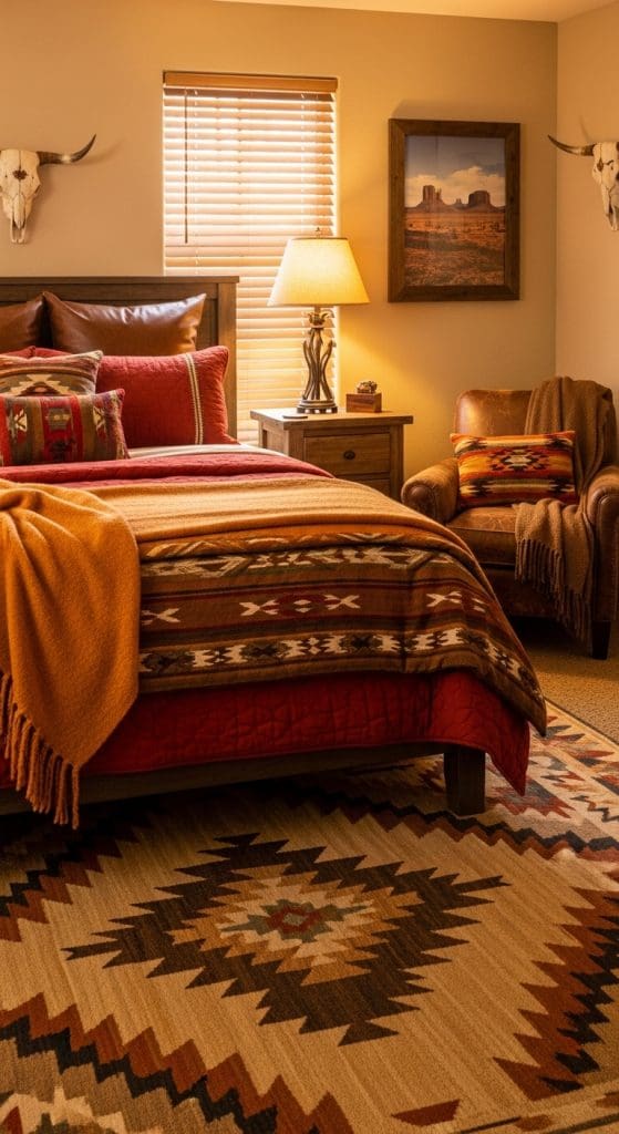 Western Bedroom Ideas with native style rugs and blankets