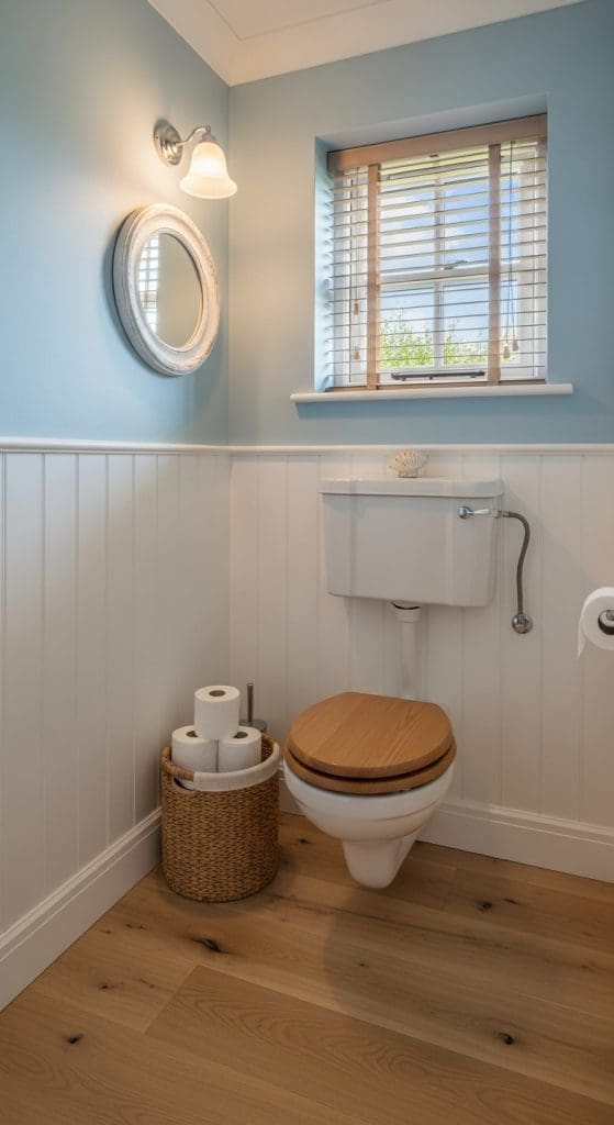 rattan basket holding toilet roll in a coastal themed bathroom