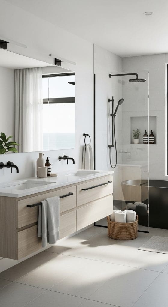 matte black hardware in a bathroom with taps and shower head
