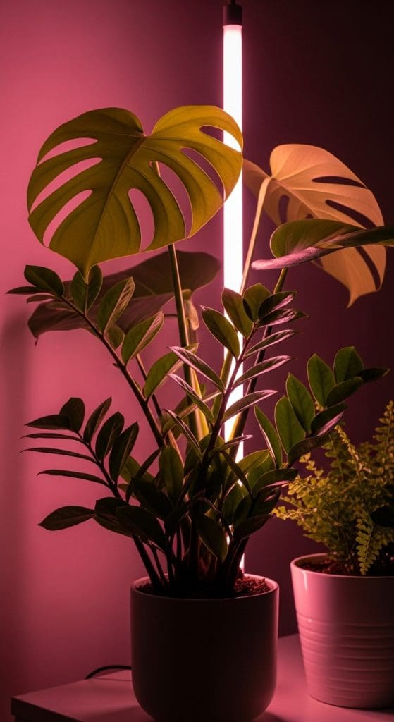 pink neon light next to plant 