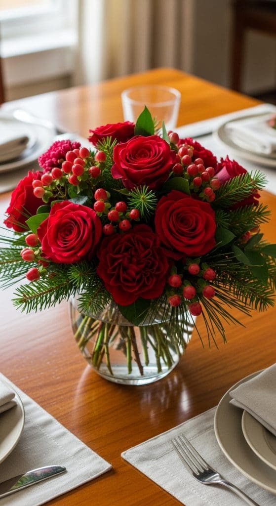 Red roses mixed with red berries in a small glass vase Winter Flower Arrangement