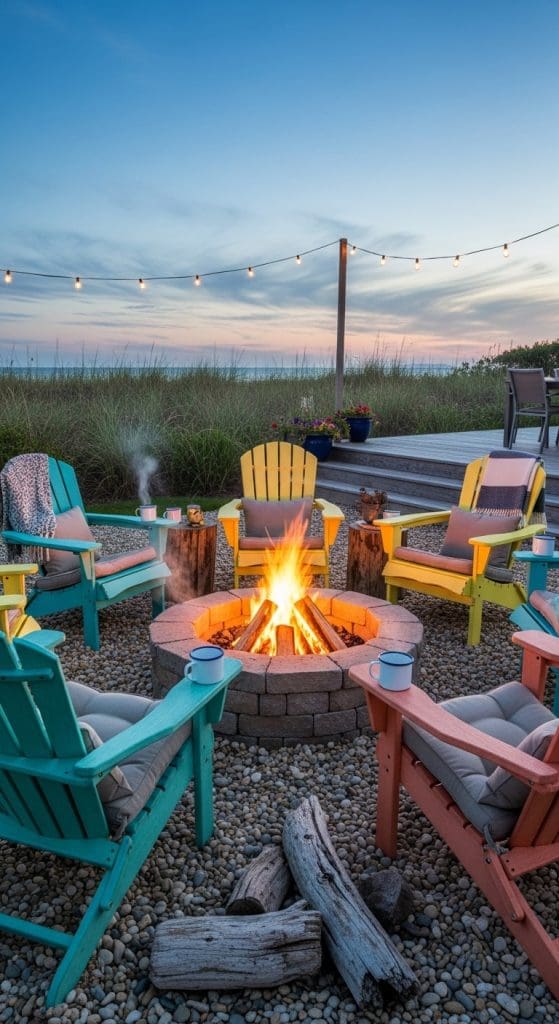 Colourful chairs in a coastal setting around a Bonfire Pit Ideas