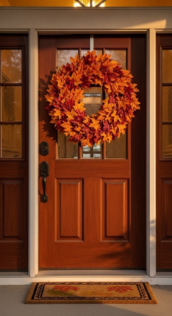 wreath made from maple leaves on a wooden front door