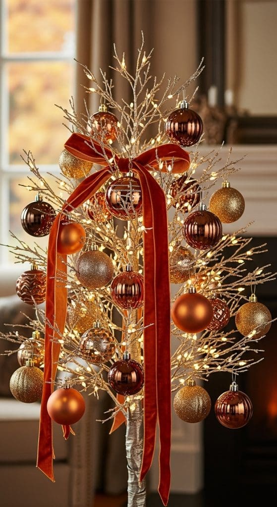 mini bare tree with fairy lights, metallic baubles and velvet ribbon