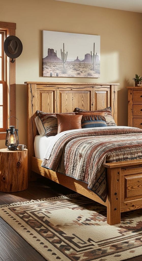 rustic wooden bed with earthy tone duvets