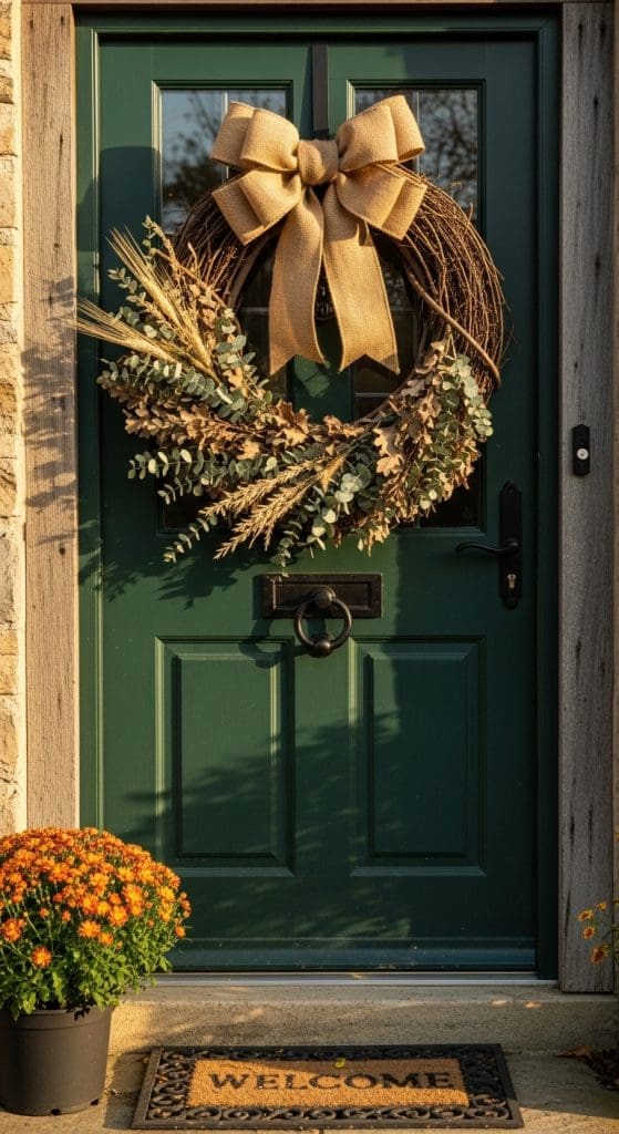 rustic style wreath with a burlap bow and eucalyptus leaves