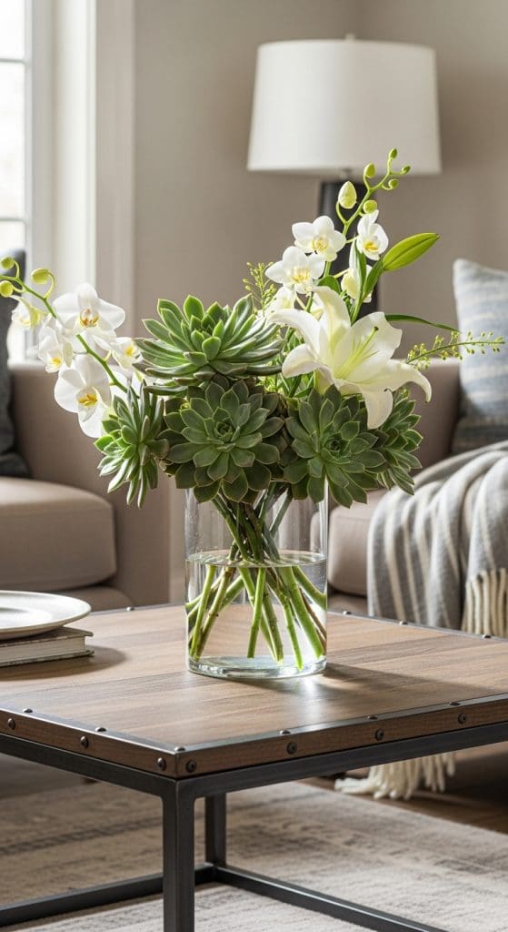 Mixed green succuclents and white flowers as a Winter Flower Arrangement