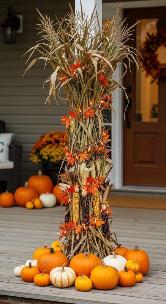 front porch with a tree made from cornstalks, a autumn leaf garland and fairy lights