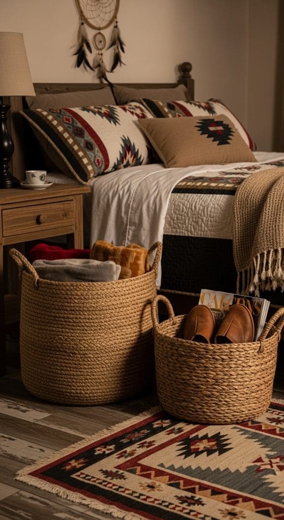 woven rattan baskets in a rustic style bedroom