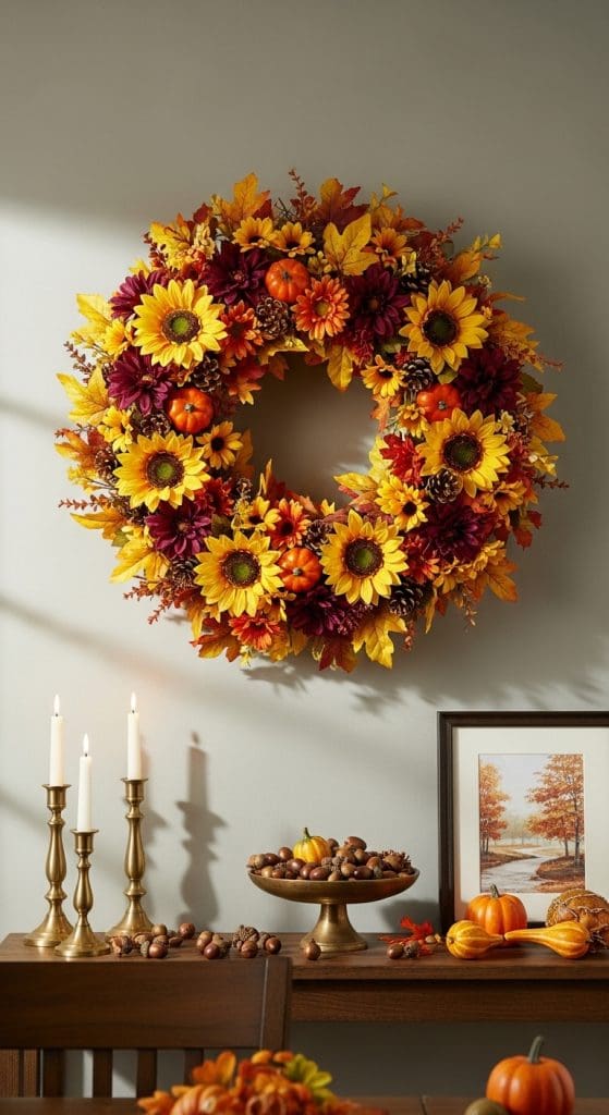 floral fall wreath with sunflowers and small pumpkins