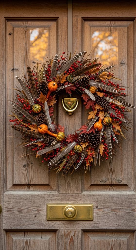 a fall wreath made fron pinecones, feathers and red berries on a wooden front door