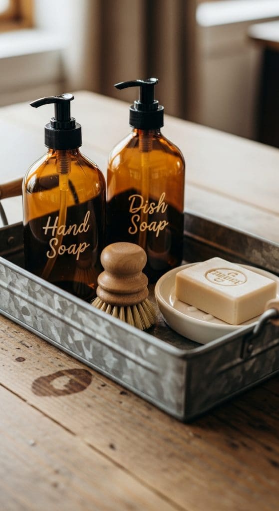 Vintage metal tray holding amber soap bottles