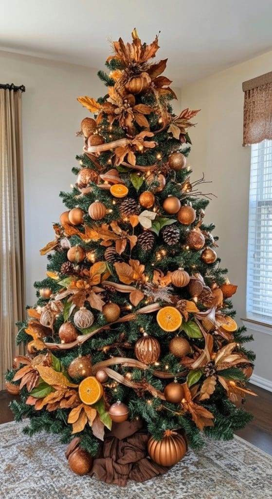 evergreen tree decorated in pinecones, orange slices and metallic ribbon