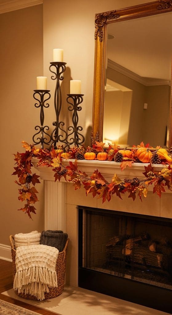 three tall black metal candle holders on mantle with fall decor