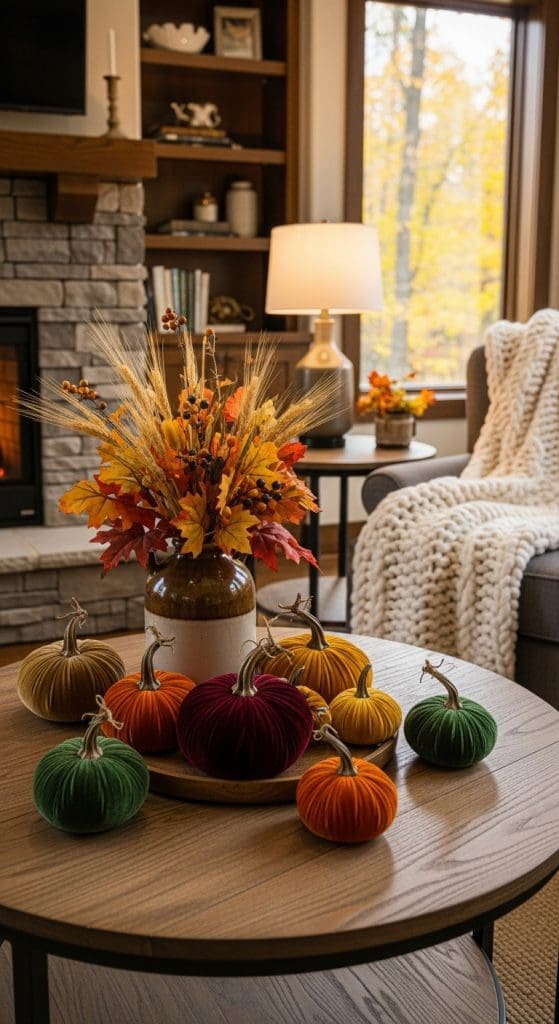 velvet pumpkins on a round coffee table in a rustic living room