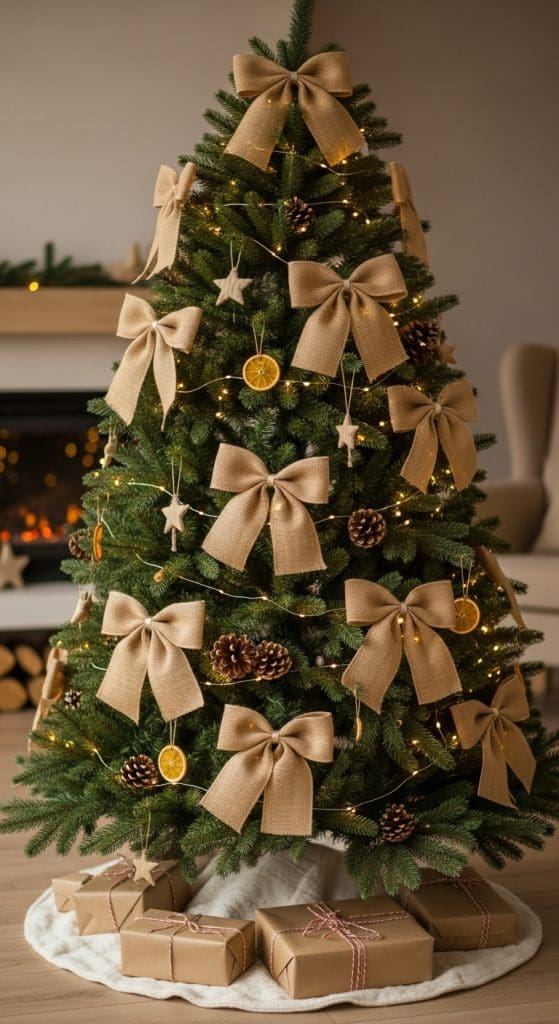 large burlap ribbons on a green christmas tree