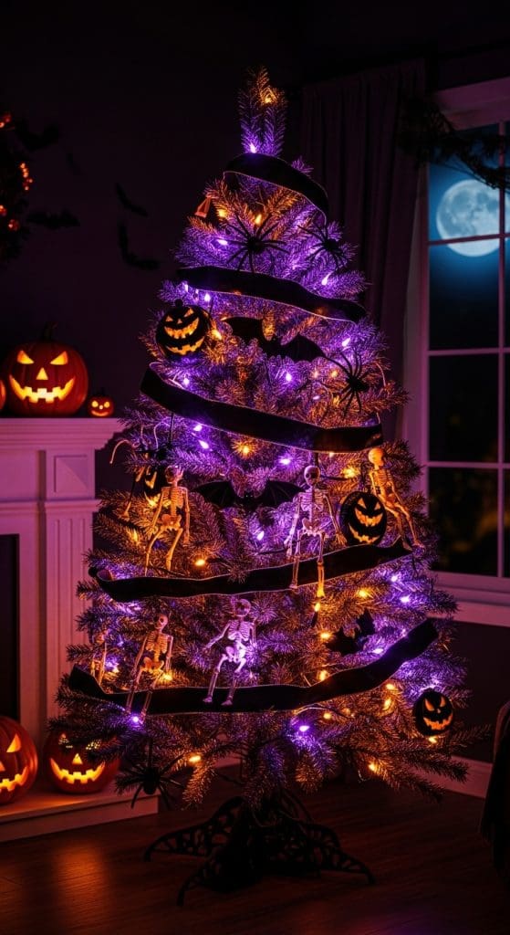 Halloween tree in living room with purple and orange lights and halloween decor