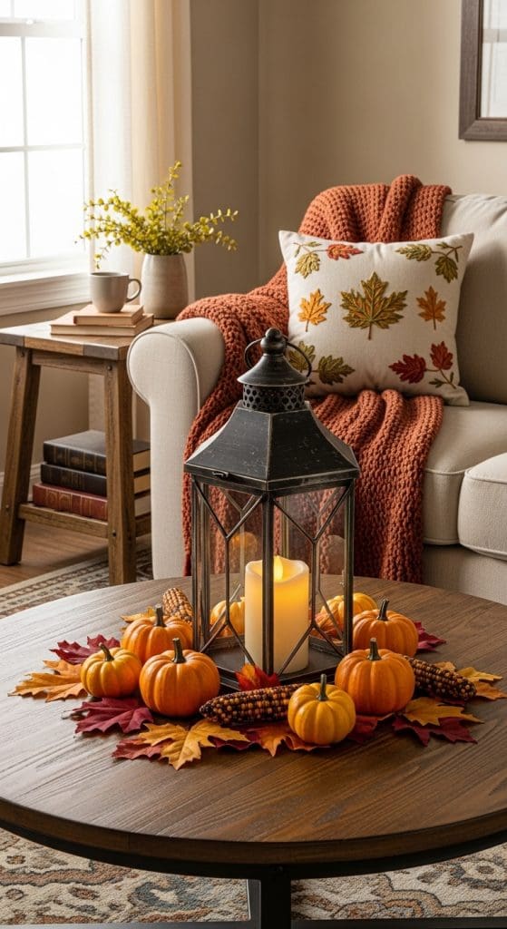 Large metal lantern with flameless candle and fall decor on coffee table