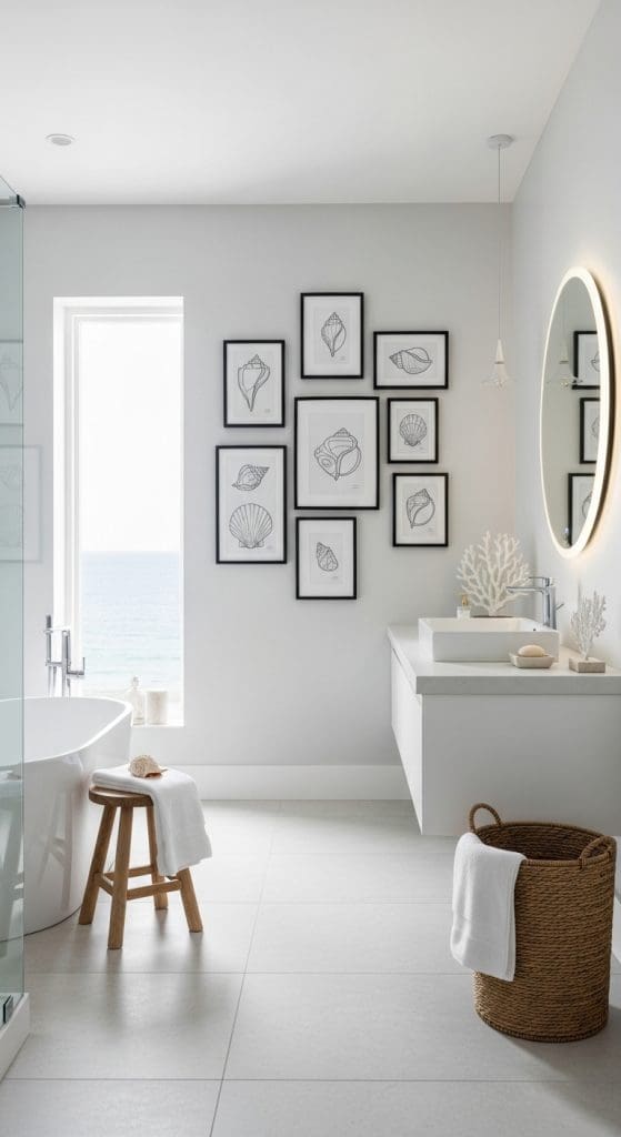 shell outline drawings in black frames in a coastal bathroom