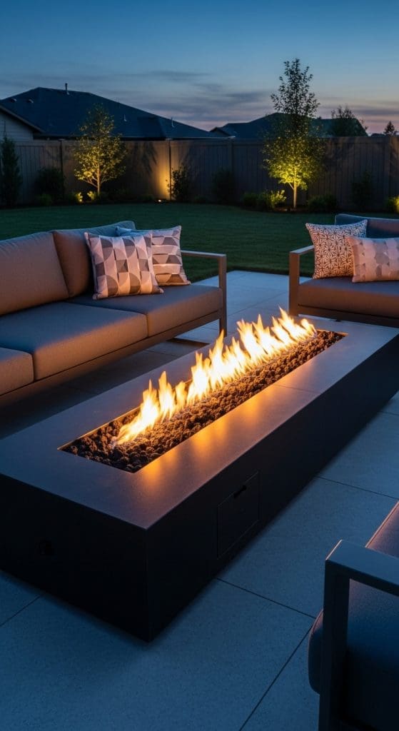long narrow bonfire firepit in a luxury style backyard 