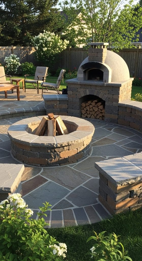 brick stone firepit bonfire in a back yard with a pizza oven 
